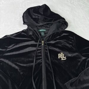 Lauren Ralph Lauren Hoodie Jacket Large Black Gold Logo Beaded Velour Soft